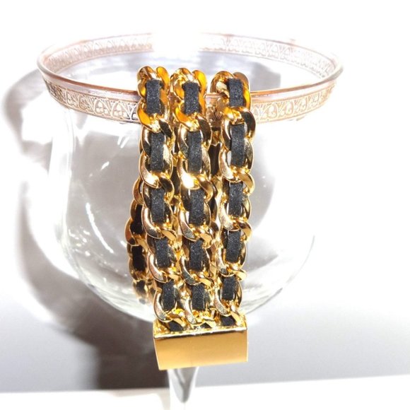 3 ROW GOLD CHAIN & LEATHER BRACELET-MAGNETIC CLOSURE-LOVE LOVE LOVE IT!! - Picture 3 of 6